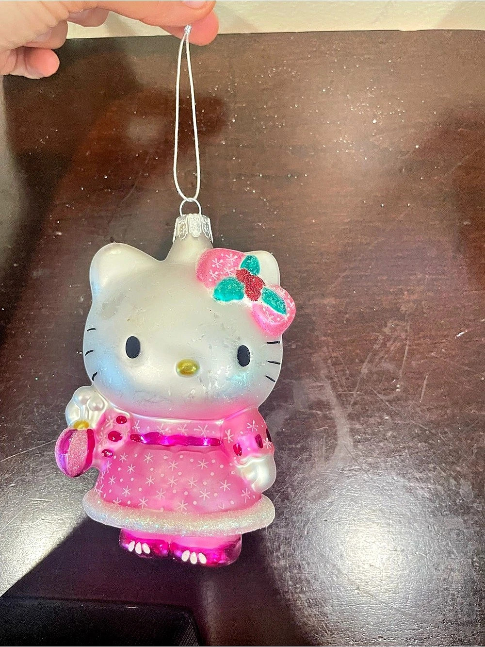 Sanrio Hello Kitty Blown Glass Holiday Ornament in Pink Dress Blown Glass